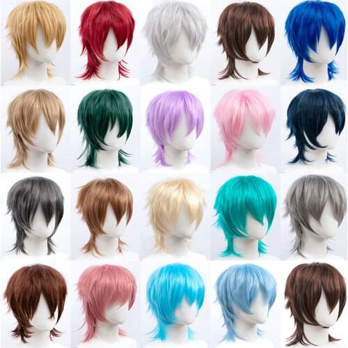 Synthetic Short Wigs Wolf cut with Bangs Choppy Cosplay Party Wig for men women Pink Red Blue Purple Korean style Man wig MUMUPI