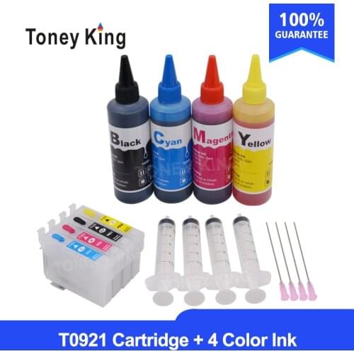 T0921 Refillable Ink Cartridge for EPSON Stylus T26 T27 TX106 TX109 TX117 TX119 C51 C91 CX4300 Printer + 4 Color Refill Dye Ink