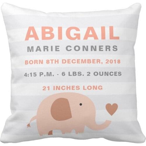 Personalized Cute Elephant Baby Birth Announcement Pillow Cover Decorative Cushion Cover Soft Polyester Cotton For Sofa, Gift