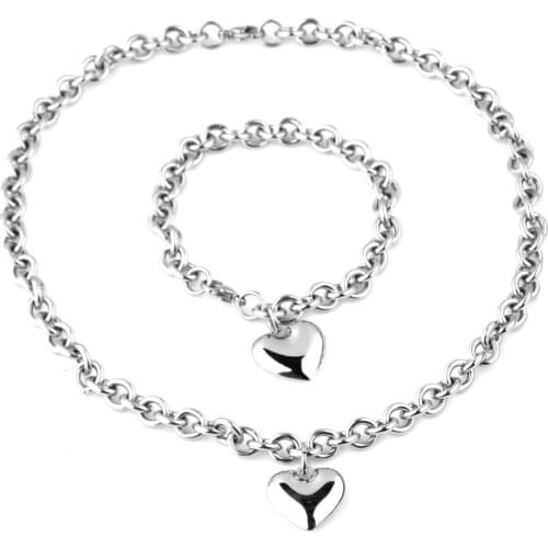 316L Stainless Steel Heart Pendant Charm Necklace Bracelet For Womens Jewelry Sets Lovers Gift