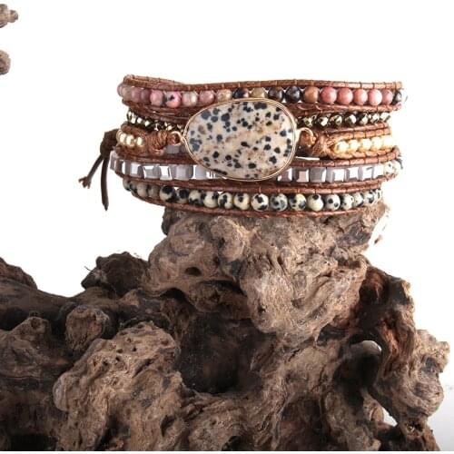 MD Fashion Women Boho Armbander Handmade Dalmatian Jasp Mixed Natural Stones Crystal 5 Strands Wrap Bracelets DropShipping