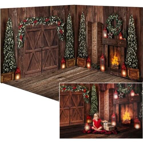 Christmas Photography Background Christmas Tree Wooden Door Hand Lamp Wreath Fireplace Child Party Decoration Prop Banner Studio
