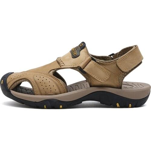 Mens Summer Sandals Genuine Leather Casual Closed Toe Beach Cowhide Outdoor Non-Slip Breathable Hiking Sport Slipper Shoes
