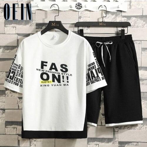 Mens Tracksuit Sportswear Sets Summer Casual Tracksuits Men 2 Piece Round Neck T-Shirts+Sweat Shorts Brand Track Suit Set Male