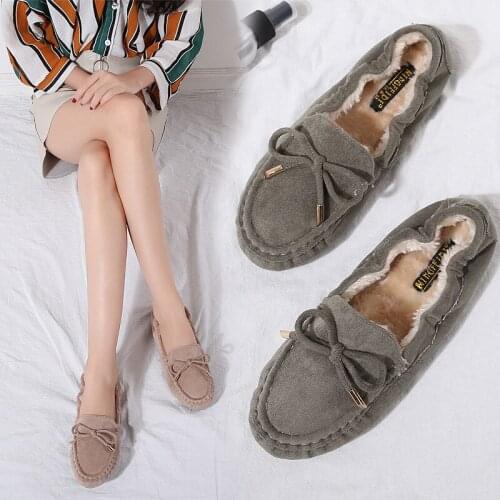 Suede Espadrilles antiskid pregnant fur moccasins winter lady plush flats roll-up shoes plus size bowtied woman oxfords loafers