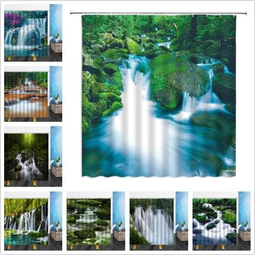 Landscape Shower Curtain Natural Waterfall Forest Tree 3D Waterproof Polyester Cloth Bathroom Curtains Bath Screen With Hooks