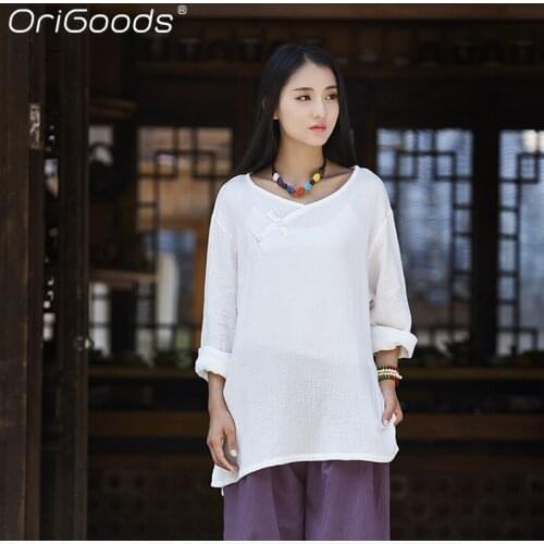 Chinese style Vintage Long sleeve Women Blouse Shirt Autumn New Cotton Casual Shirt Solid White Original design Blouse Tops B144