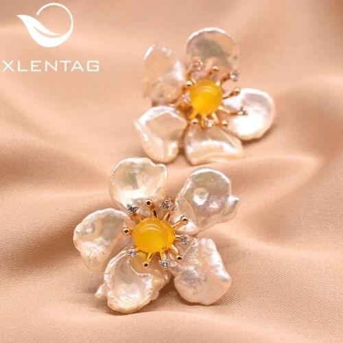 XlentAg 925 Sterling Silver Natural Fresh Water Baroque Pearl Yellow Jade Flower Stud Earrings For Women Fine Jewelery GE0599