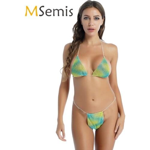 Womens Shiny Swimsuit Rhinestone Two-piece Lingerie Set Fashion Hollow Out Underwear Swimwear Halter Bra with G-string Briefs