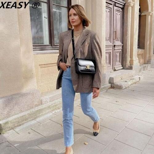 XEASY 2021 Women Fashion Plaid Linen Casual Blazer Coat Vintage Notched Collar Double Breasted Female Loose Suit Chic Top