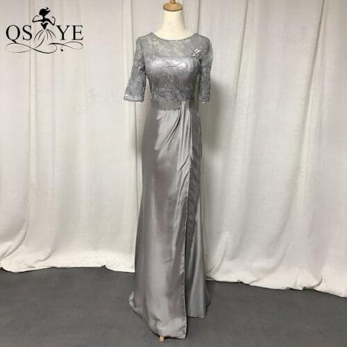 Grey Prom Dress Long Split Satin Evening Gown Lace Short Sleeves Ruched Embroidery Lace Party Gown Women Formal Dress FloralGown