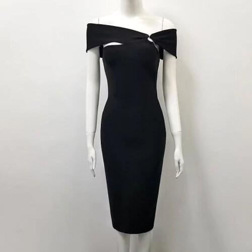Women Dress Black Off Shoulder Slash Neck Sexy Stretch Bandage Party Dresses Ladies Elegant Knee Length Bodycon Rayon Dress