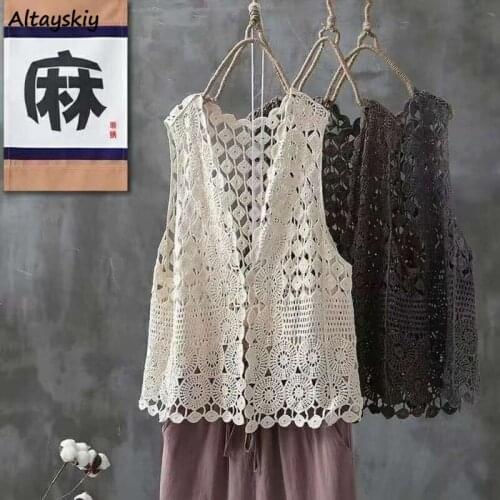 Vests Women Summer Breathable Daily Leisure Soft Slim All-match BF Hollow-out Solid Casual High Street Vintage Outwear Harajuku