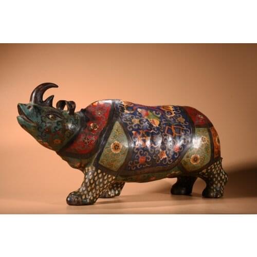 16"Tibet Temple Collection Old Bronze Cloisonne Enamel Rhino statue Ornaments Town House Exorcism Ward off evil spirits