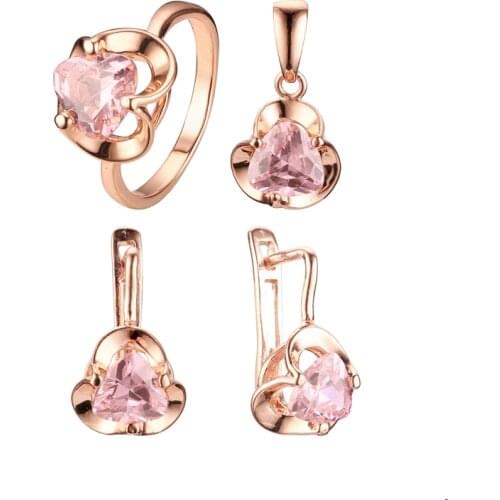 2021 New Fashion Korean Women Jewelry Set Heart Shape Pink Cubic Zirconia Earring/Ring Jewelry Sets