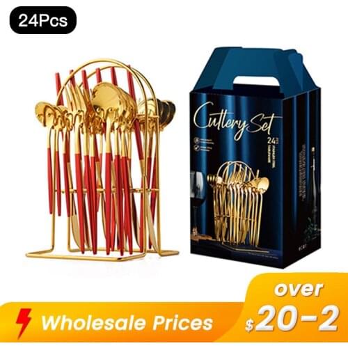 24Pieces Red Gold Stainless Steel Cutlery Set Kitchen Household Knife Fork Spoon With Flatware Storage Rack Tableware Set Tools