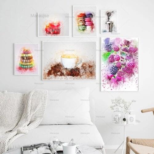 Watercolor Aquarelle Grape Strawberry Cherry Macaron Coffee Canvas Painting Wall Art Pictures For Living Room Dining Table Decor