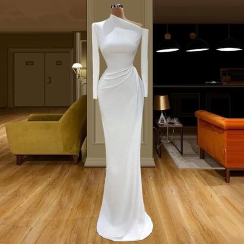 White Muslim Evening Dresses Mermaid Long Sleeves Satin Dubai Saudi Arabia Long Prom Dress Gown Robe De Soiree