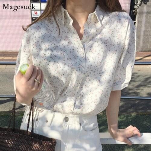Blusas Puff Sleeve Floral Summer Blouse Women 2021 Korean Casual Loose Print Shirts Turn Down Collar Tops Fashion Clothing 10356