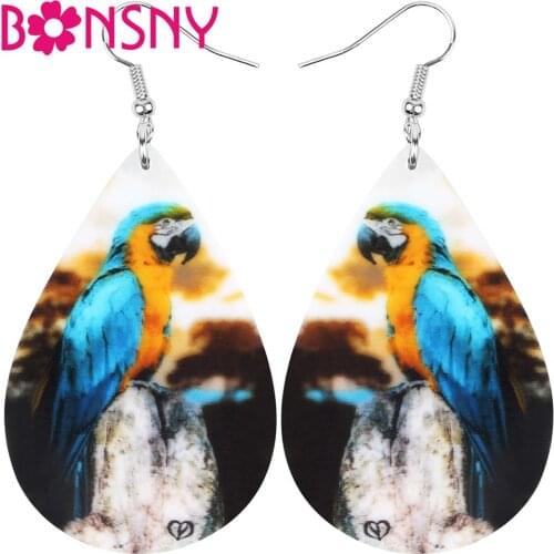 Bonsny Acrylic Teardrop Yellow Blue Macaw Parrot Bird Earrings Animal Drop Dangle Jewelry For Women Girl Teen Kids Hot Sale Gift