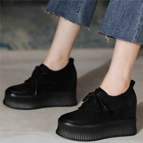 Casual Shoes Women Lace Up Genuine Leather Wedges High Heel Ankle Boots Female Round Toe Chunky Pumps Shoes Punk Oxfords Shoes