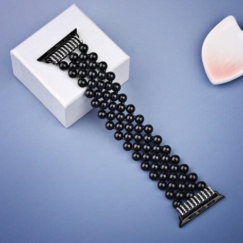 Handmade Agate Beads Strap for Apple Watch Band 44mm 40mm 42mm 38mm Black Elastic Elegant Bracelet for iWatch Series 6/SE/5/4/3