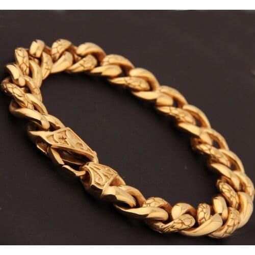 Hip-hop 316L Stainless Steel Gold Tone Snake Pattern Cuban Curb Chain Mens Boys Bracelet Bangle 8.66"*13mm,59G Christmas Gift