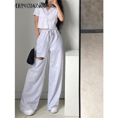 WOMENGAGA High Waist Drawstring Hole Loose All-match Sweatpants Hip Hop Pants Casual Pants Cotton Casual Womens Autumn PXZO