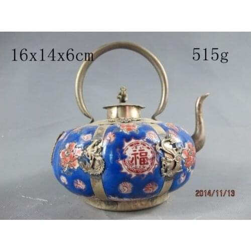 Exquisite Chinese old Tibetan silver Phoenix Butterfly Inlaid with Blue Ceramic Teapot