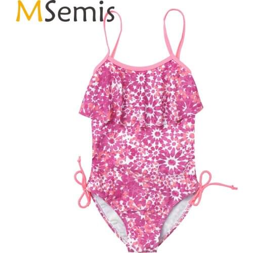 Kids Baby Girls Swimwear Little Floral Pattern One Piece Halter Swimsuit Trim Adjustable Spaghetti Strap Bathing Suit Beachwear