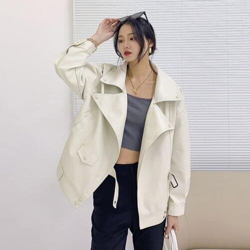 PU Leather Short Jacket Women 2021 New Spring Autumn Casual Female Loose Streetwear Coat Moto Bike Soft Faux Leather Outwear