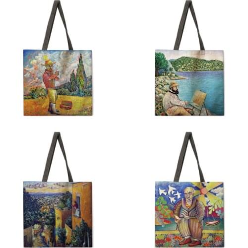 Oil painting landscape tote bag reusable beach bag linen fabric casual tote bag lady one-shoulder foldable shopping bag
