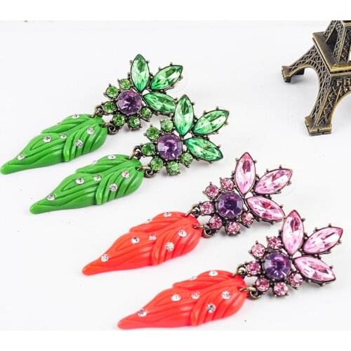 Red & Green Color 2019 Fashion Leaf Earring Resin Glass Zinc Alloy Best Friend Crystal Bright Fresh Earring