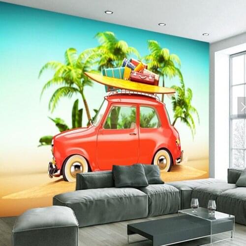 Cartoon car beach children 3d wallpaper mural papel de parede,living room sofa TV wall kids' bedroom wall papers home decor