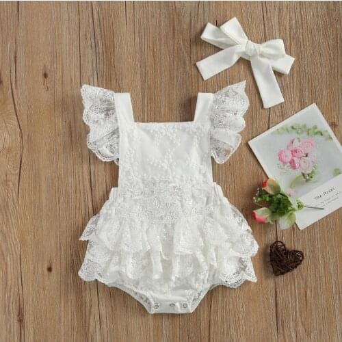 Baby Girls Summer Outfits Cute Ruffle Sleeve Floral Lace Tutu Romper with Headband Baby Bodysuits
