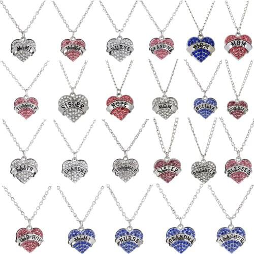 Crystal Rhinestone Heart Love Pendant Necklace Long Sweater Chain Family Friend Mom Sister Daughter NANA Nurse Christmas Jewelry