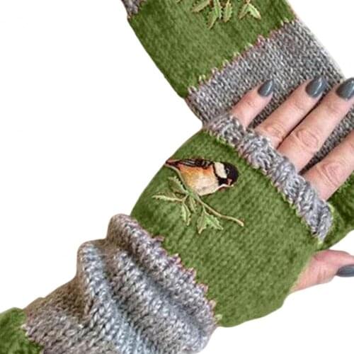 Gloves Women Autumn Winter Bird Embroidered Gloves Knit Fingerless Color Block Mitten
