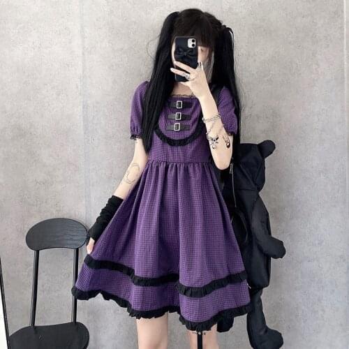 Ruibbit Japanese Harajuku Women Purple Plaid Dress Summer Vintage Puff Sleeve Gothic Lolita Students Dress Preppy style