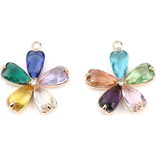 2 PCs Copper Multicolor Rhinestone Flower Charms Gold Color 26mm x 23mm For DIY Earring Necklace Jewelry Making
