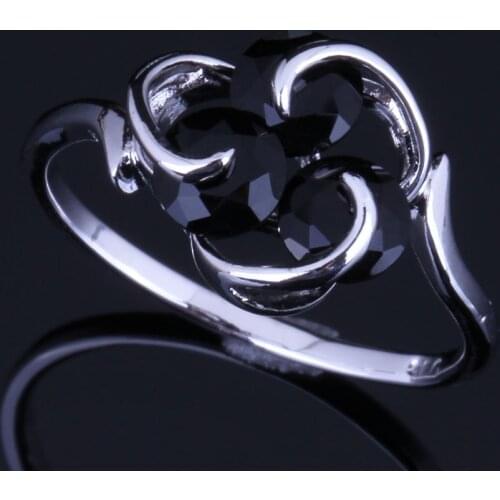 Stunning Three Stones Round Black Cubic Zirconia Silver Plated Ring V0688