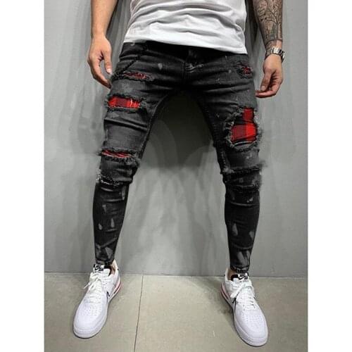Ripped jeans men Elasticity Slim Fit Skinny denim trousers male fashion Streetwear patchwork mens jeans Hip hop