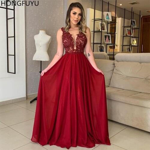 HONGFUYU Chiffon Wine Red Prom Dresses 2020 V Neck vestido de festa longo Appliques Lace Evening Dress for Special Occasion