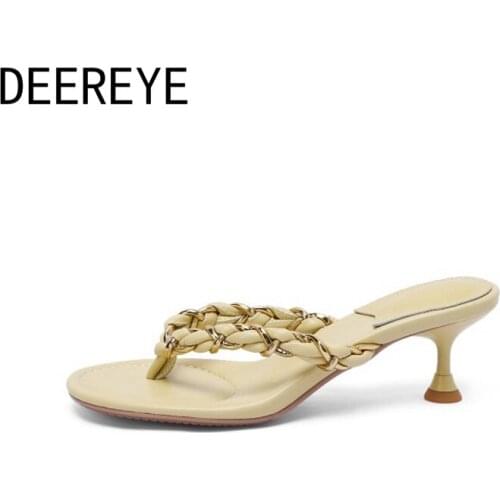 Luxury Metal Chain Woven Flip Flops Women Slippers Slides Mules Ladies Wine Glass Mid-Heel Sandals 3.5CM Round Toe Soft Sole