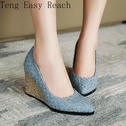 2021 Fashion Sequined Wedges Women Shoes Pointed Toe High Heels Pumps Slip On Shallow Party Dress Shoes Woman Blue Red Black 43