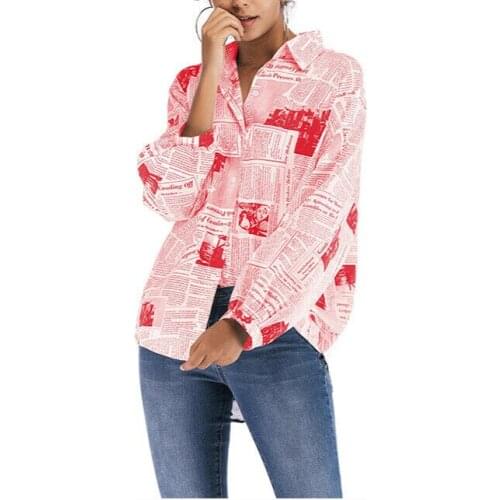 Streetwear Casual Shirt Women Newspaper Print Blouse Loose Long Sleeve Shirt Lapel Buttons Tops