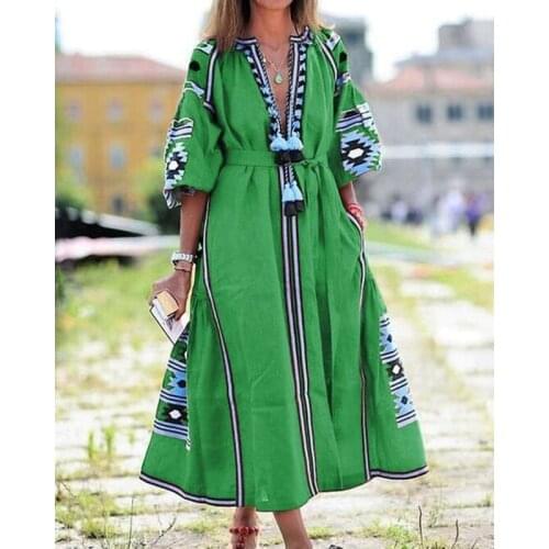 Spring French Style Women Casual Dress Kaftan Print Large Swing A-line Maxi Vestidos Eid Mubarak Abaya Sundress Robe Plus Size