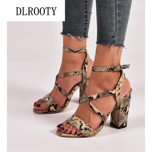 Woman Sandals Shoes Snake Summer Pumps High Heels Thick Peep Toe Casual Buckle Strap Fashion Gladiator Plus Size 34-43