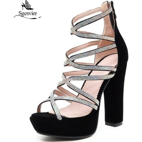 Sgesvier Womens sandals Summer shoes Square heel Platform Zipper Flock Rhinestone Glitter Black Working shoes Plus size G321