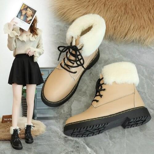 2021 Winter Boots Women Ankle Boots Warm PU Plush Winter Woman Shoes Sneakers Flats Lace Up Ladies Shoes Women Short Snow Boots
