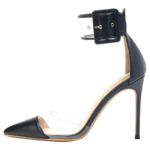 Moraima Snc Sexy Transparent PVC Patchwork High Heel Shoes Pointed Toe Ankle Strap Woman Pumps Cutouts Stiletto heels black Nude